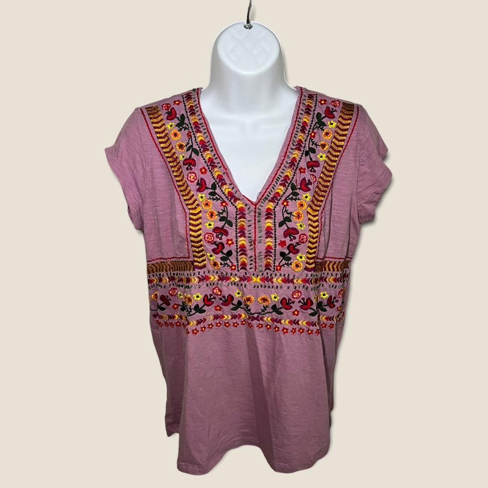 Sundance Embroidered Top Large Floral Boho Hippie Cap Sleeve Tee